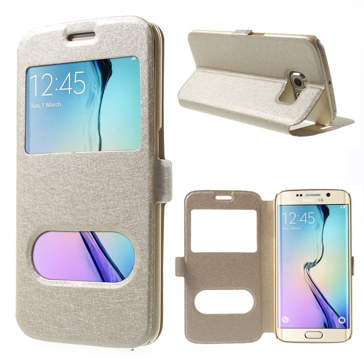 Silk Texture Dual Windows Stand Leather Case for Samsung Galaxy S6 edge G925 - Champagne-1