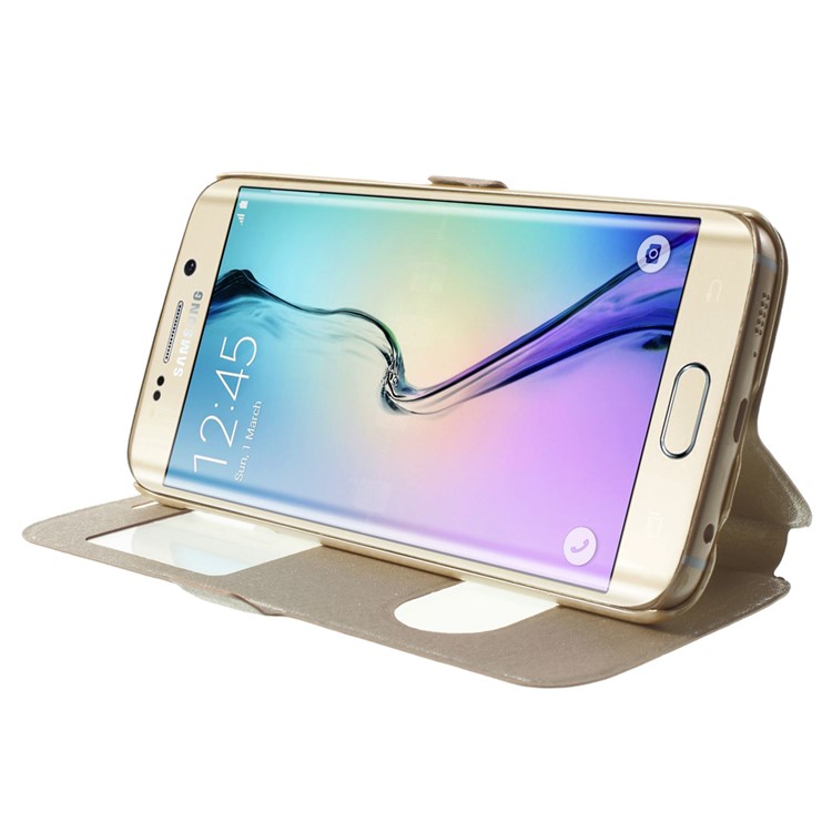 Silk Texture Dual Windows Stand Leather Case for Samsung Galaxy S6 edge G925 - Champagne-3