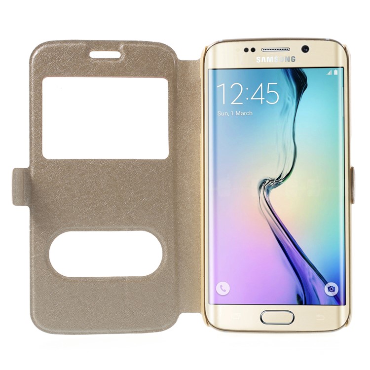 Silk Texture Dual Windows Stand Leather Case for Samsung Galaxy S6 edge G925 - Champagne-5