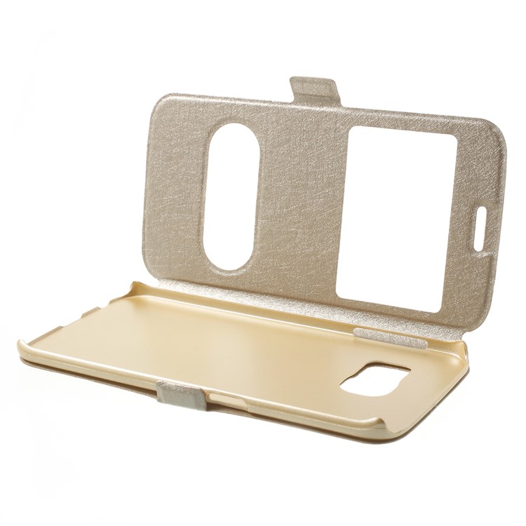 Silk Texture Dual Windows Stand Leather Case for Samsung Galaxy S6 edge G925 - Champagne-9