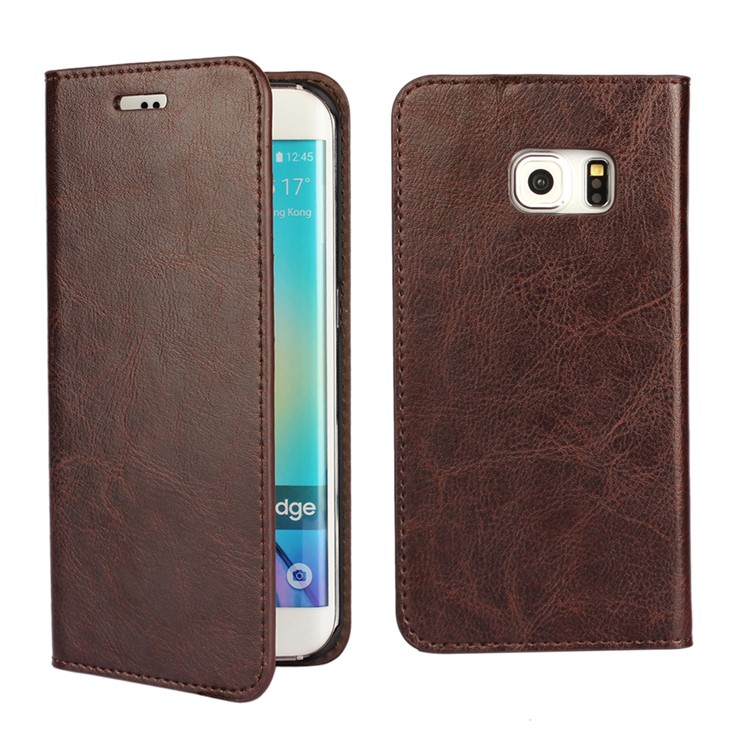 Crazy Horse Genuine Split Leather Case for Galaxy S6 edge G925 - Coffee-1