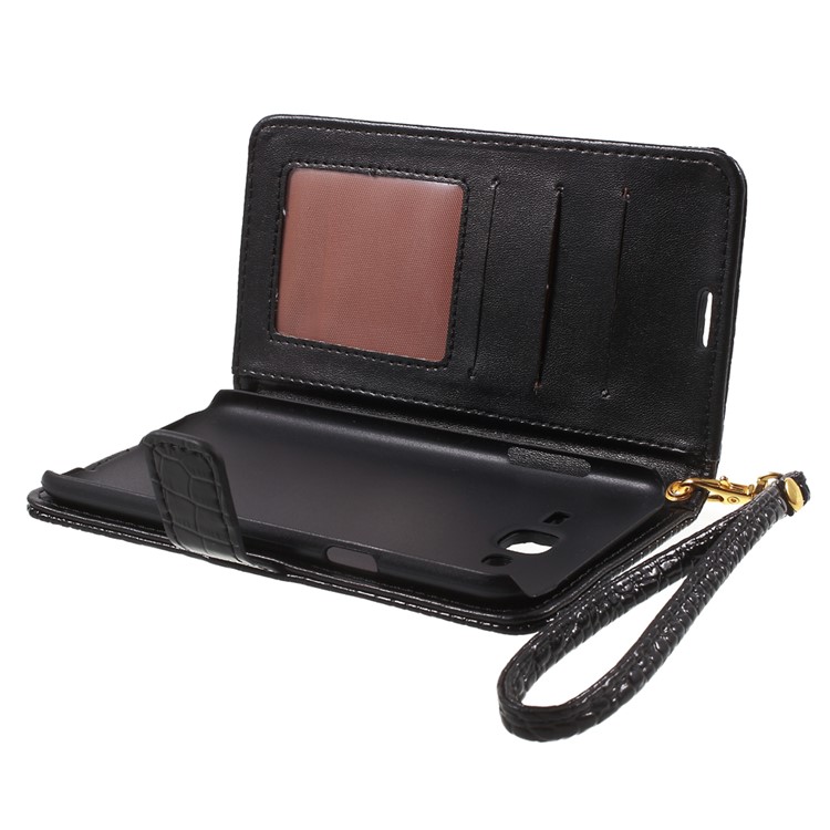 Crocodile Texture Leather Wallet Cover for Samsung Galaxy J7 SM-J700F with Strap and Stand - Black-5