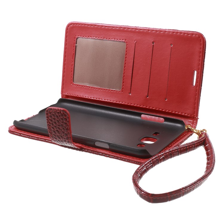 Crocodile Texture Leather Wallet Case for Samsung Galaxy J7 SM-J700F with Strap and Stand - Red-5