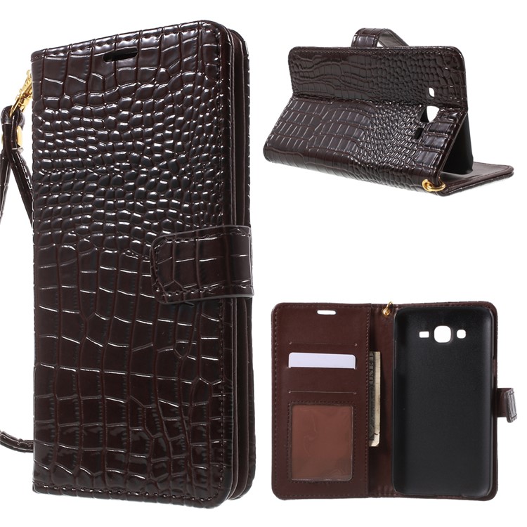 Crocodile Texture Leather Wallet Case for Samsung Galaxy J7 SM-J700F with Strap and Stand - Brown-1