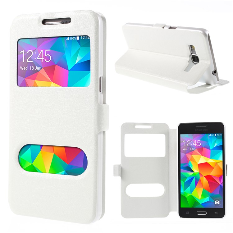 Leather Phone Case for Samsung Galaxy Grand Prime SM-G530H Dual View Window - White-1