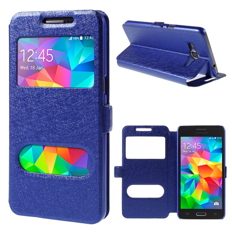 Leather Phone Case for Samsung Galaxy Grand Prime SM-G530H Dual View Window - Blue-1