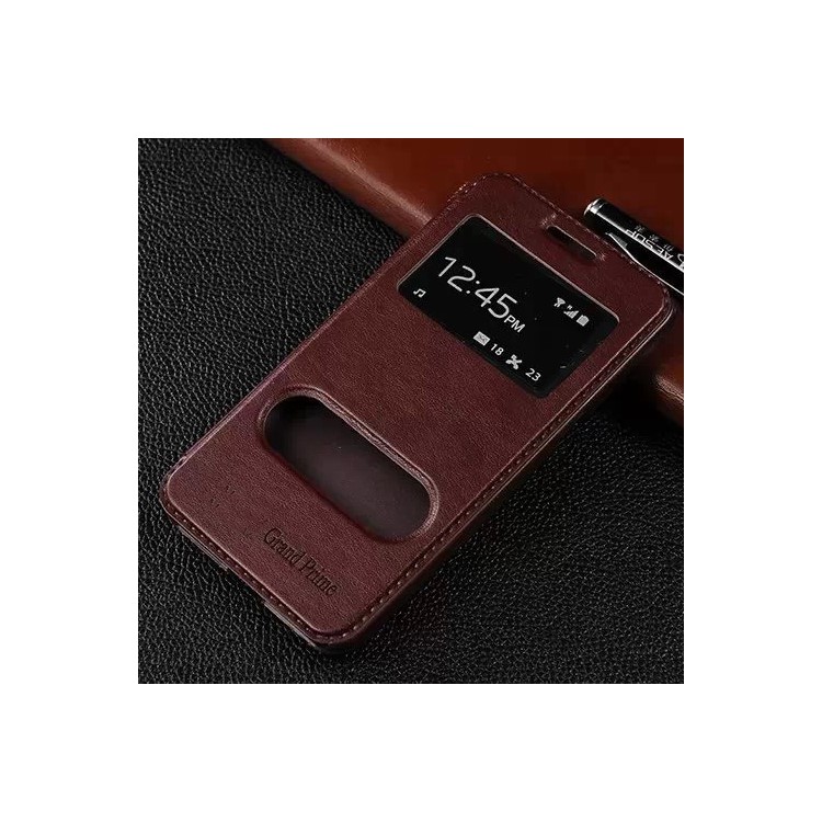 Lines Grain Double View Window Leather Cover for Samsung Galaxy Grand Prime SM-G530H - Coffee-1