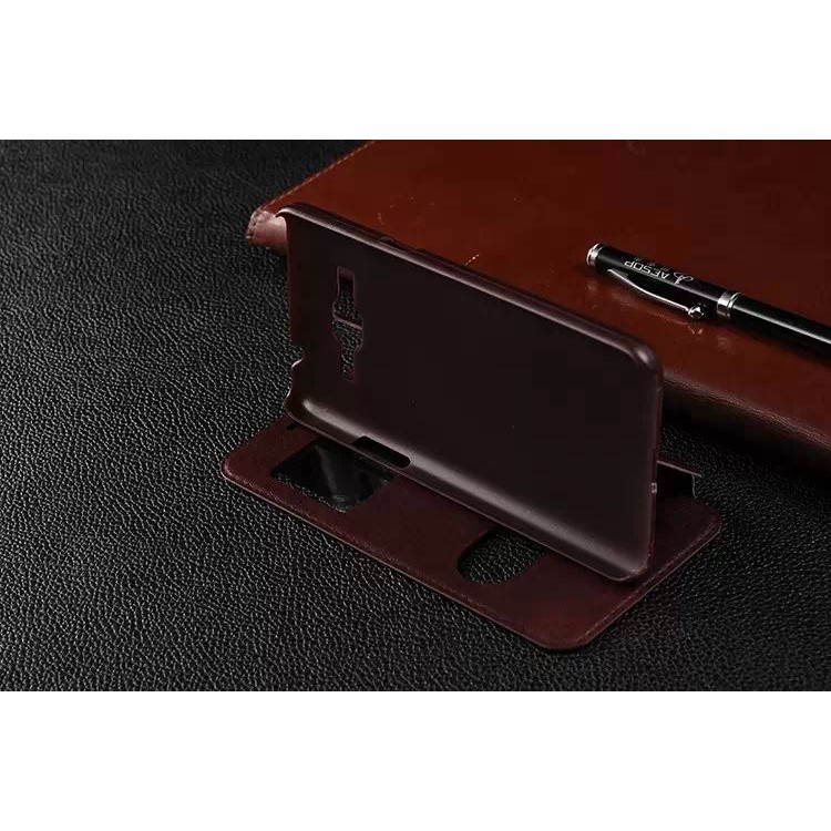 Lines Grain Double View Window Leather Cover for Samsung Galaxy Grand Prime SM-G530H - Coffee-3