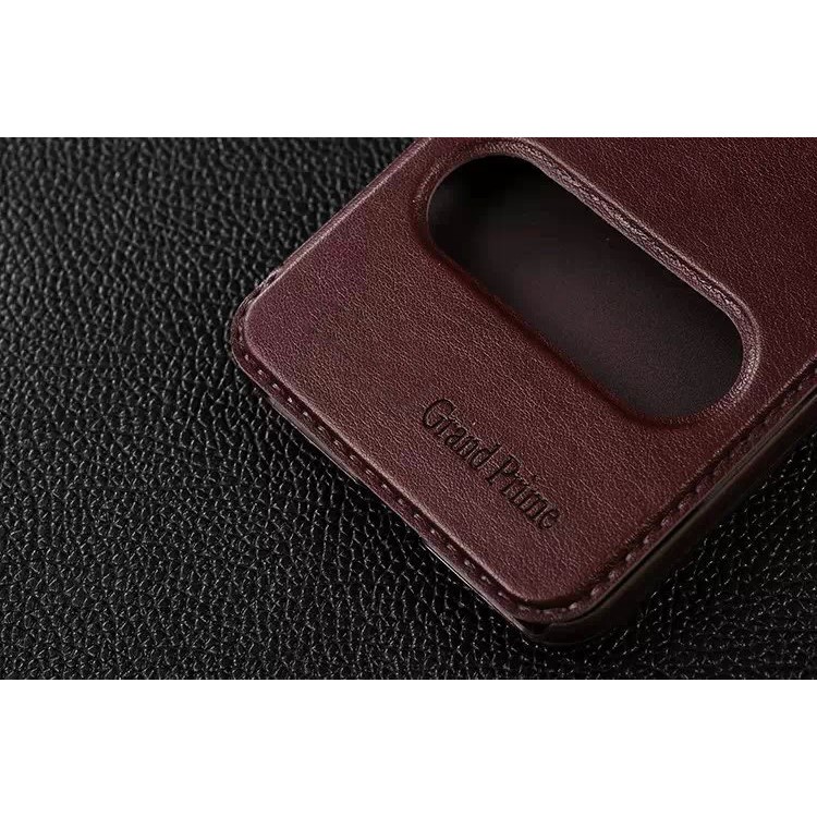 Lines Grain Double View Window Leather Cover for Samsung Galaxy Grand Prime SM-G530H - Coffee-7