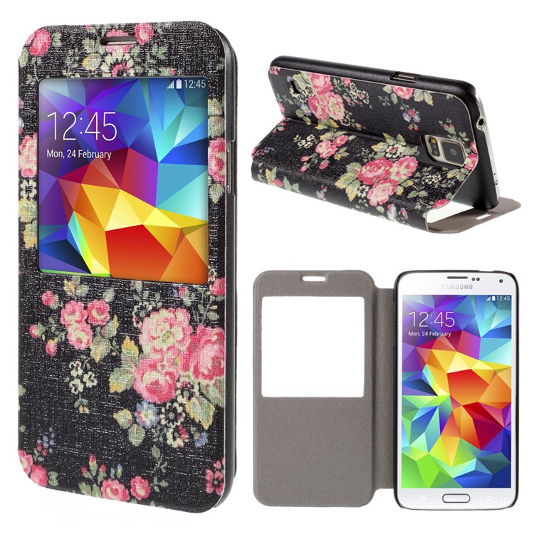 Flower Pattern View Window Leather Case for Samsung Galaxy S5 G900 / S5 Neo G903F-1