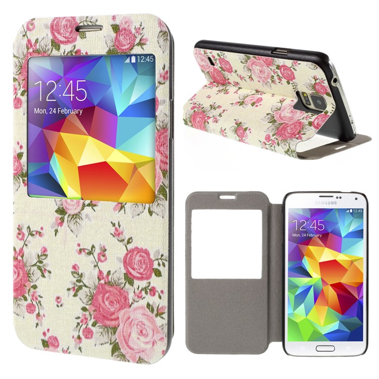 Red Rose View Window Leather Stand Cover for Samsung Galaxy S5 G900 / S5 Neo G903F-1