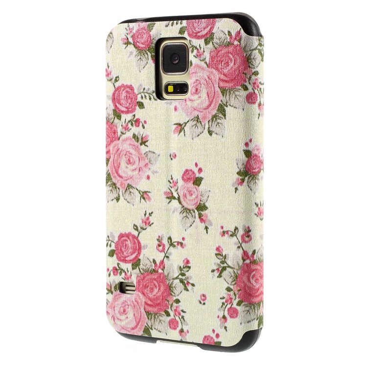 Red Rose View Window Leather Stand Cover for Samsung Galaxy S5 G900 / S5 Neo G903F-2