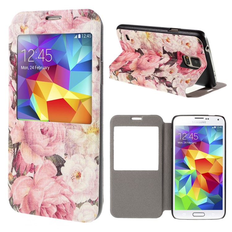 Beautiful Flower View Window Leather Stand Cover for Samsung Galaxy S5 G900 / S5 Neo G903F-1