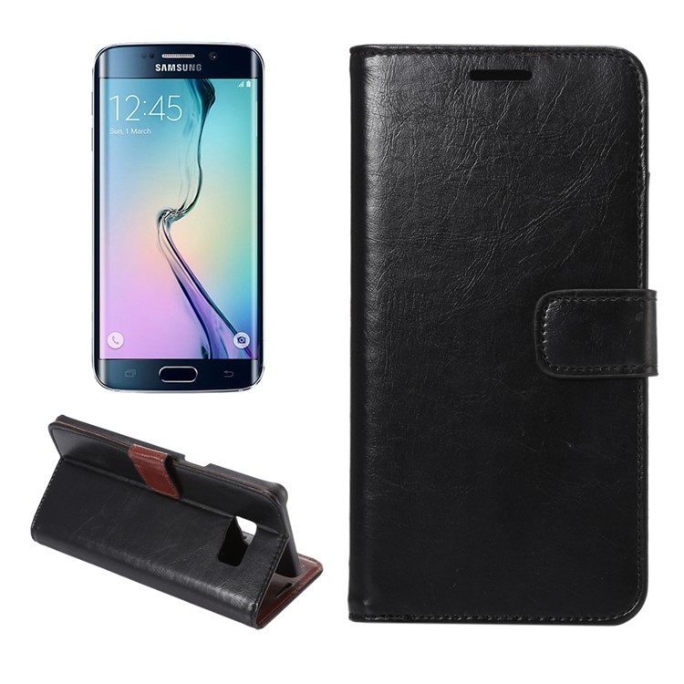 For Samsung Galaxy S6 Edge Plus G928 Crazy Horse PU Leather Stand Case Card Slots - Black-1
