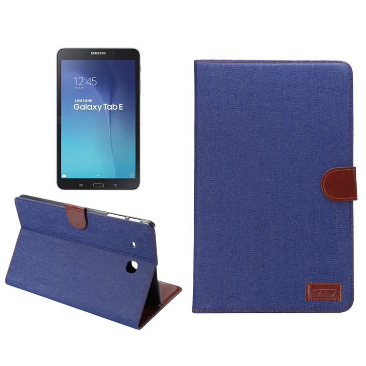 Jeans Cloth Leather Wallet Stand Cover for Samsung Galaxy Tab E 9.6 T560 - Dark Blue-1