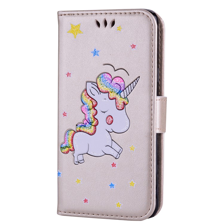 

For Samsung Galaxy A5 (2017) SM-A520 Flash Powder Unicorn Imprint Flower Leather Stand Wallet Phone Cover - Gold