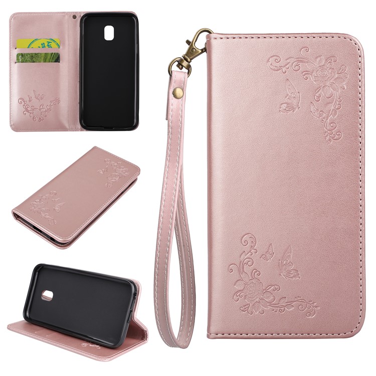 

For Samsung Galaxy J3 (2017) EU Version Folio Imprint Butterfly Flower PU Leather Phone Casing - Rose Gold, Galaxy J3 (2017)