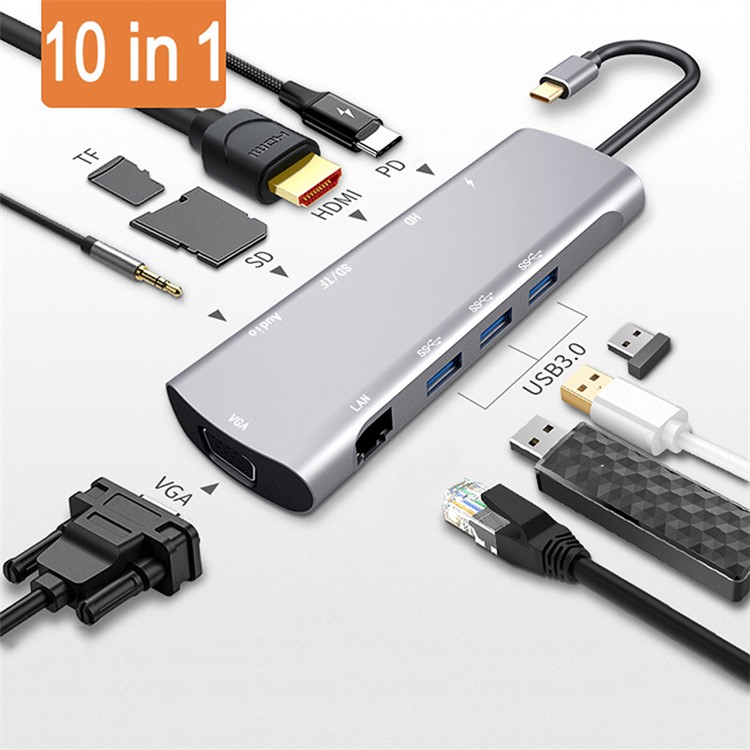 10 in 1 USB HUB C HUB to Multi USB 3.0 HDMI Adapter Dock USB-C Type C 3.1 Splitter 3 Port USB C HUB for MacBook Pro Accessories - Grey-3
