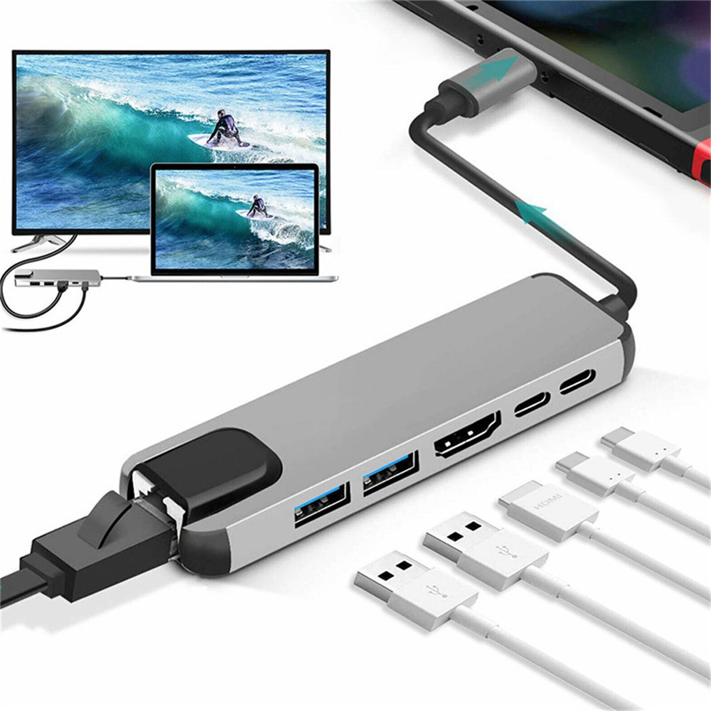 6 en 1 Dock Adaptador Hub USB Type-C Con Lector de Tarjetas Ethernet 4K HDMI RJ45