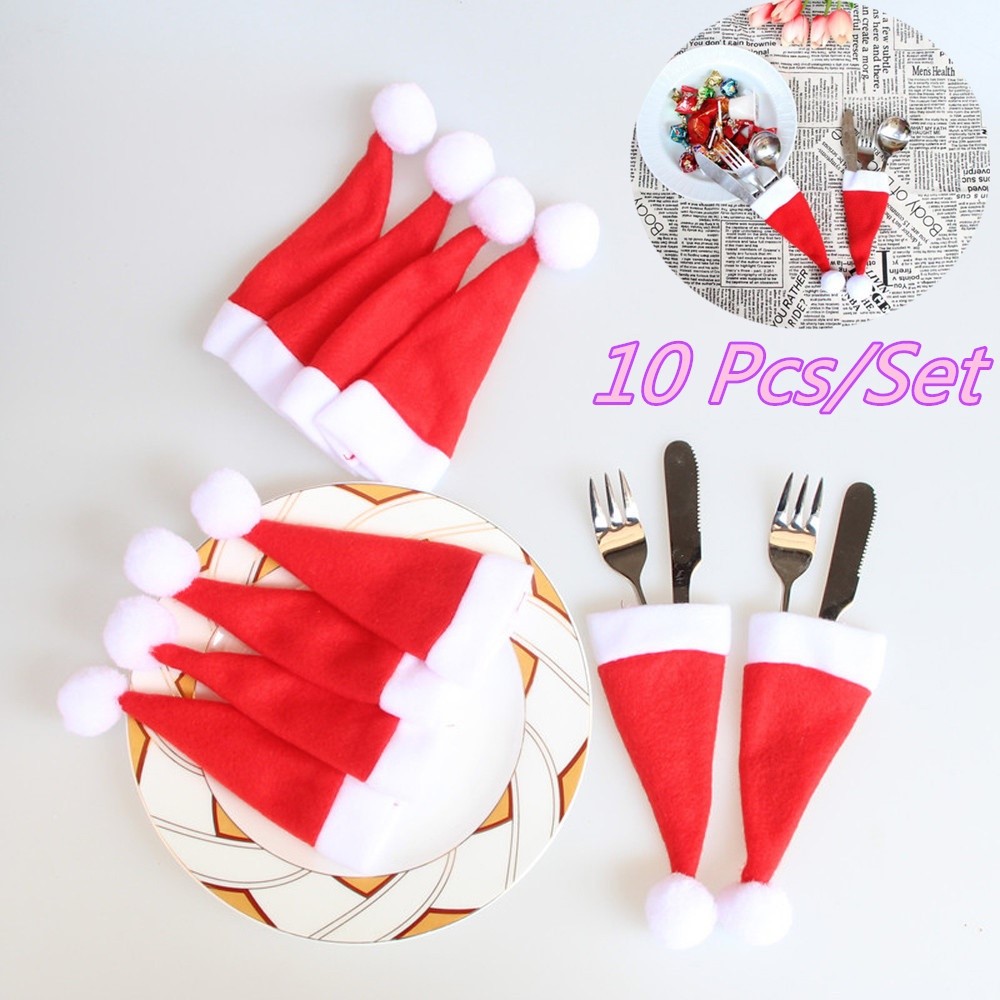 10 Unids / Set Gorros De Navidad Cubiertos Cubiertos Tenedor Cuchara Vajilla Pocket Santa Sombrero Decoración-10