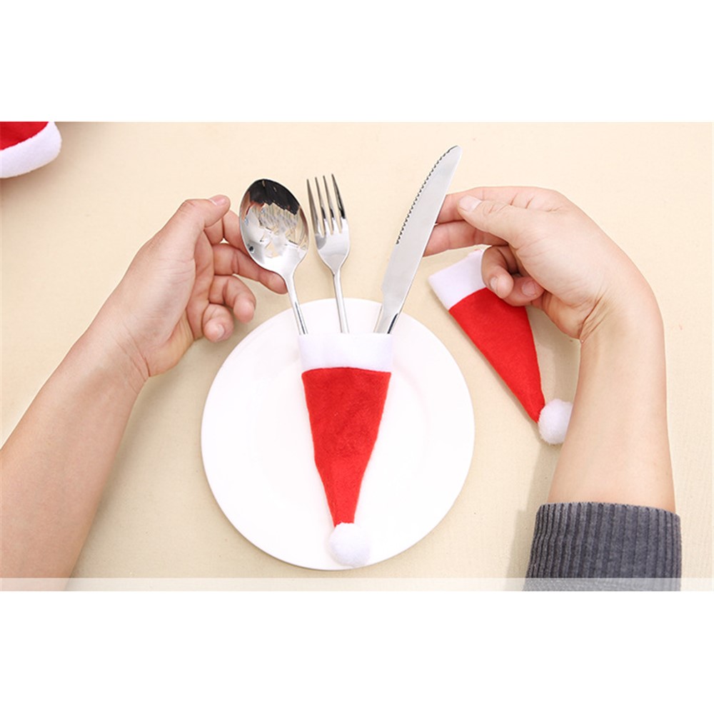 10Pcs/Set Christmas Caps Cutlery Holders Fork Spoon Tableware Pocket Santa Hat Decoration-12