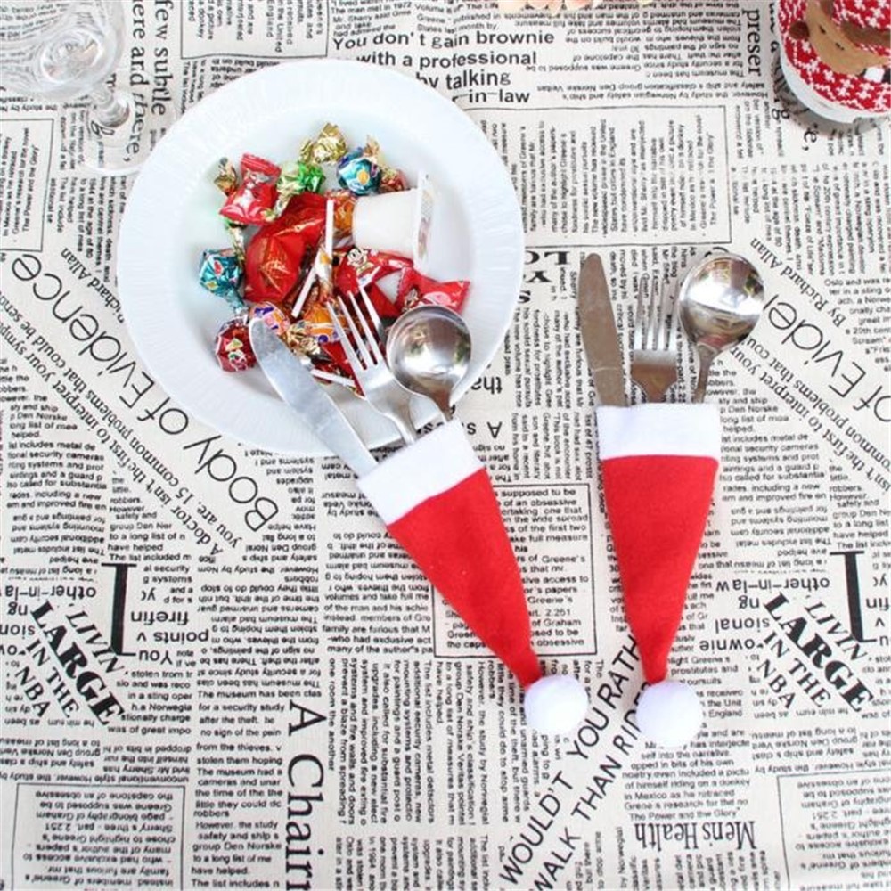 10Pcs/Set Christmas Caps Cutlery Holders Fork Spoon Tableware Pocket Santa Hat Decoration-2