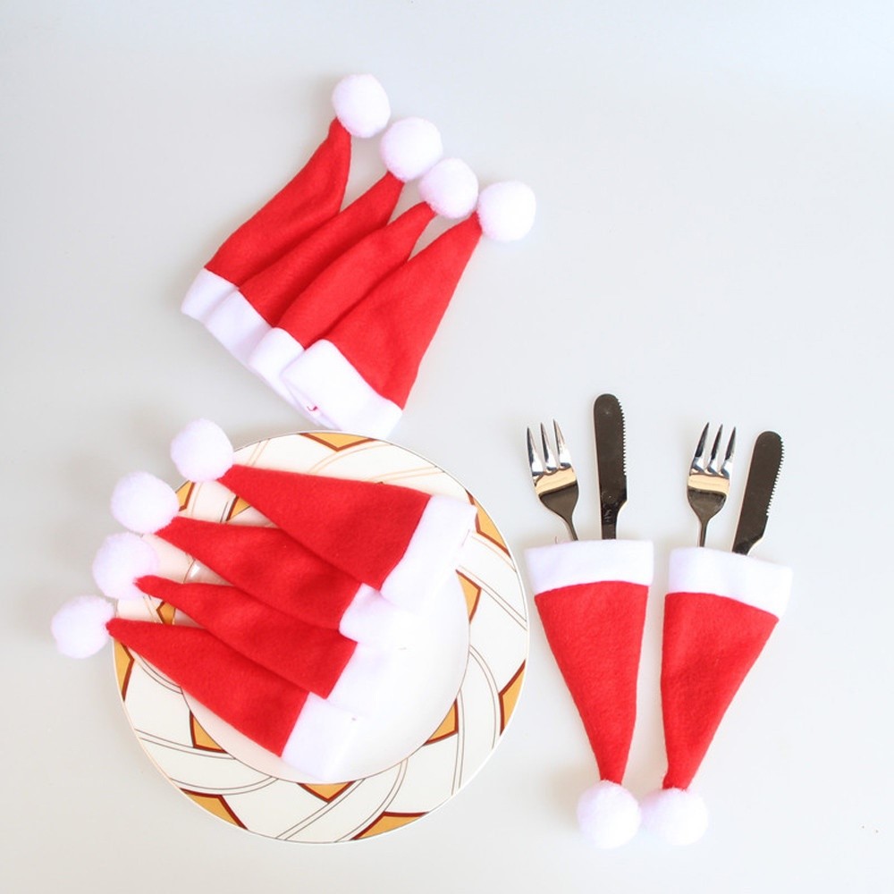 10Pcs/Set Christmas Caps Cutlery Holders Fork Spoon Tableware Pocket Santa Hat Decoration-5