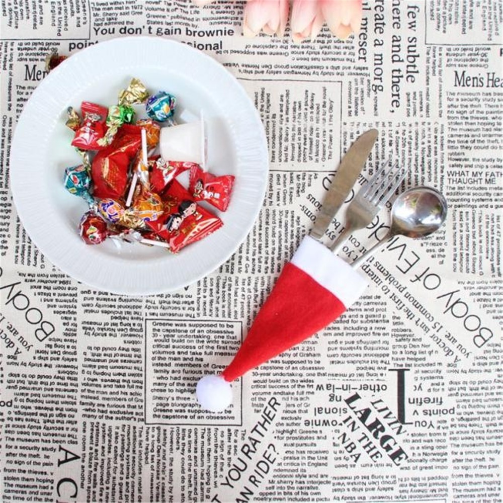 10Pcs/Set Christmas Caps Cutlery Holders Fork Spoon Tableware Pocket Santa Hat Decoration-6
