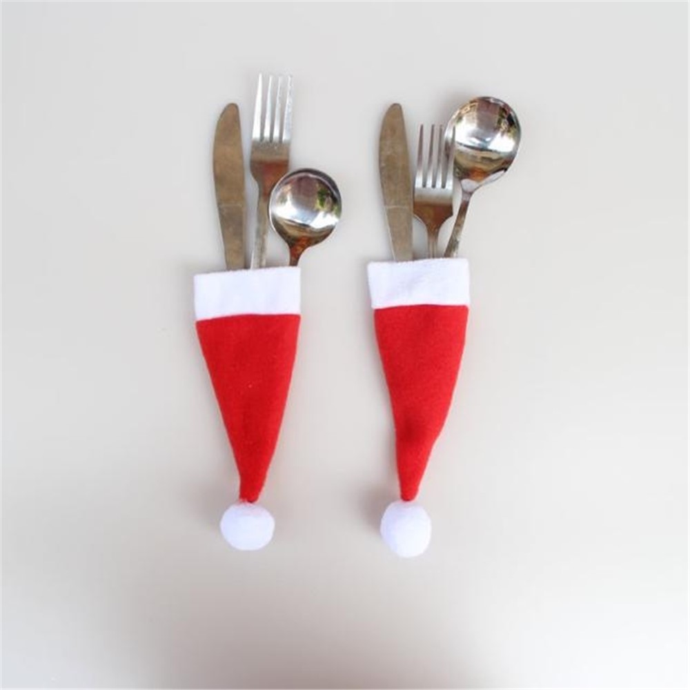 10Pcs/Set Christmas Caps Cutlery Holders Fork Spoon Tableware Pocket Santa Hat Decoration-8