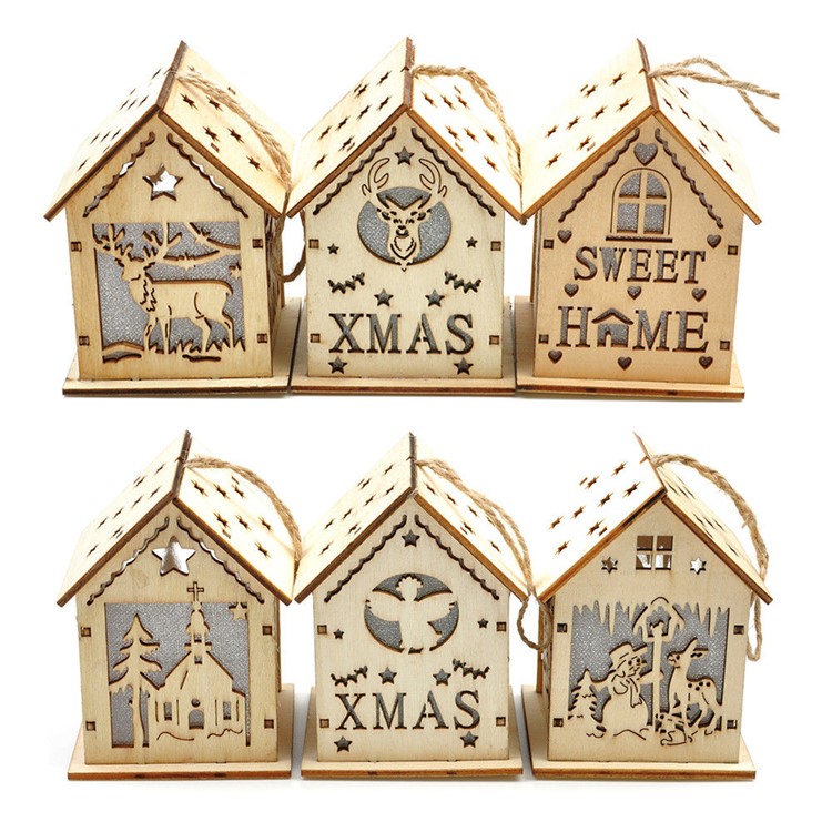LED Light Wood House Cute Christmas Tree Hanging Ornaments Holiday Decoration - Reindeer-2