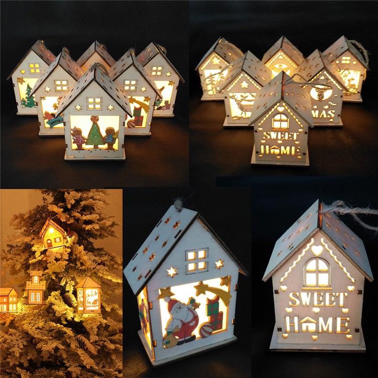 LED Light Wood House Cute Christmas Tree Hanging Ornaments Holiday Decoration - Reindeer-4