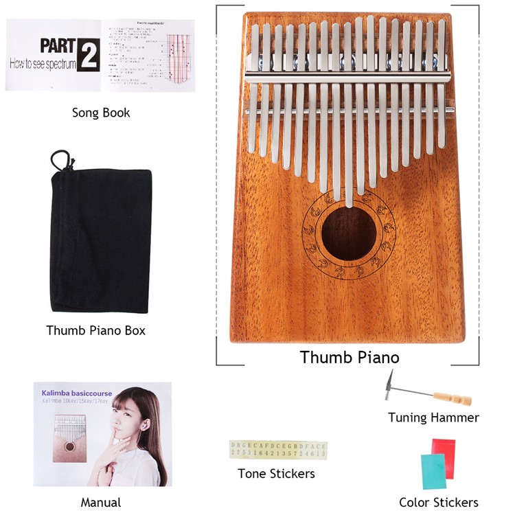 17 Keys Kalimba Thumb Piano with Instruction and Tune Hammer Mahogany Body Metal Tines-4