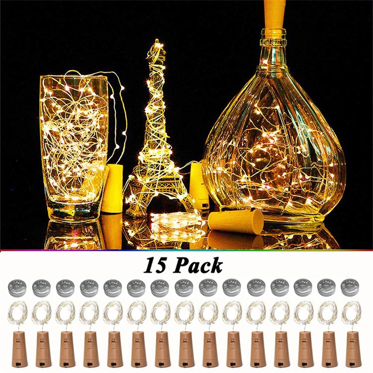 Copper Wire Wine Bottle String Light 2m 20-LED Waterproof Festival Decor (15 Pcs/Pack with 15 Extra Batteries) - Warm White
