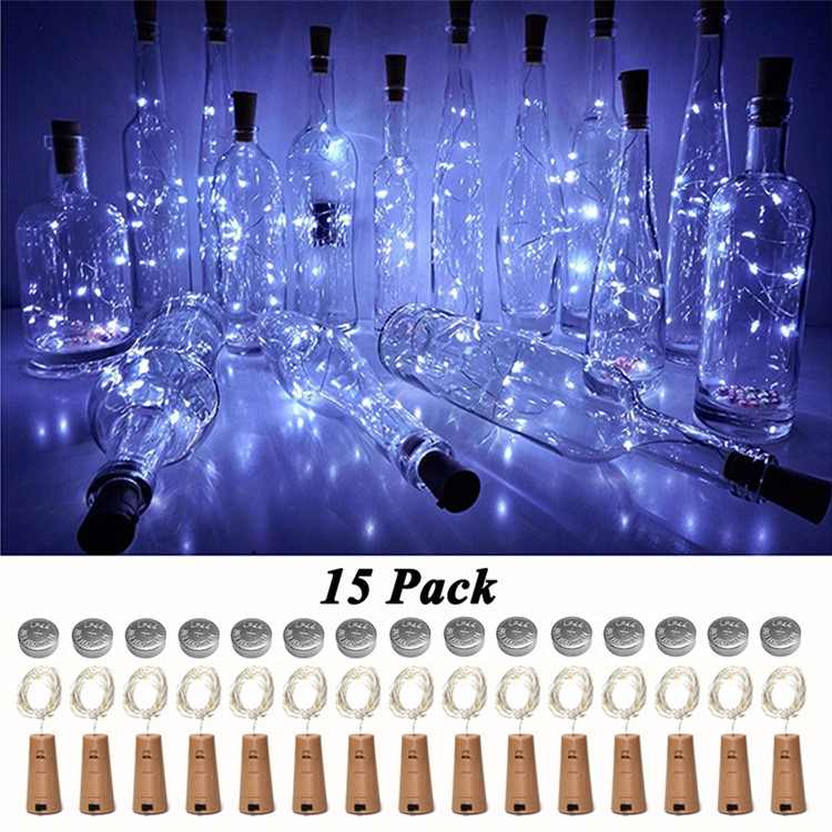 Copper Wire Wine Bottle String 2m 20-LED Waterproof Festival Decor (15 PCS/Pack with 15 extra batteries) - White