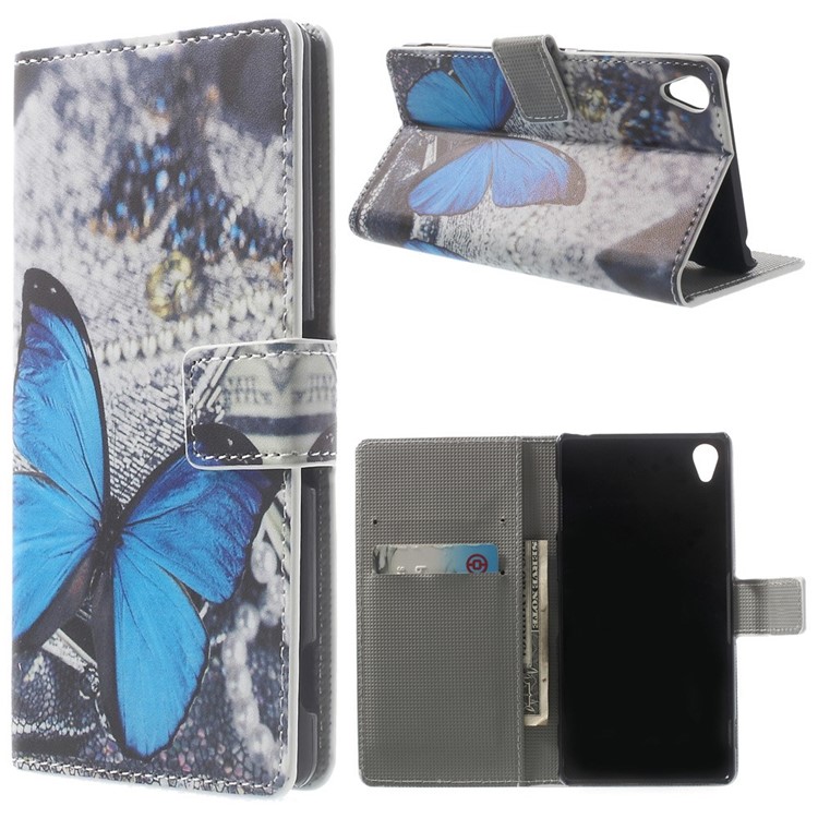 Apelando la cubierta azul del soporte del cuero de la carpeta de la mariposa para Sony Xperia Z3 D6653 D6603-1