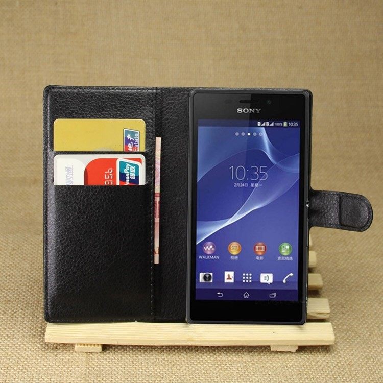Leather Wallet Case for Sony Xperia M2 Aqua w/ Stand - Black-1