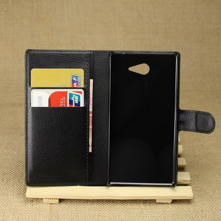 Leather Wallet Case for Sony Xperia M2 Aqua w/ Stand - Black-2