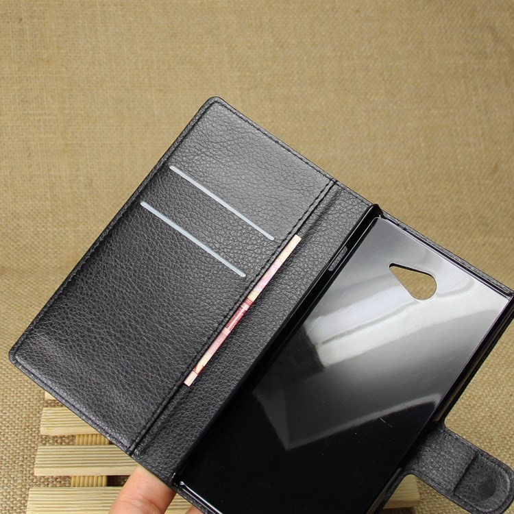 Leather Wallet Case for Sony Xperia M2 Aqua w/ Stand - Black-3