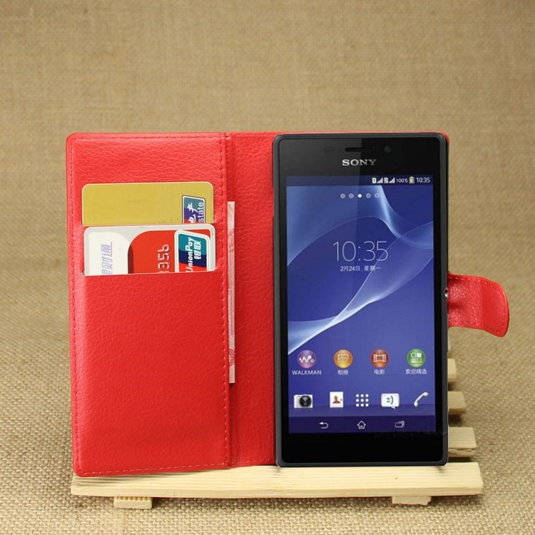 Leather Wallet Case for Sony Xperia M2 Aqua w/ Stand - Red-1