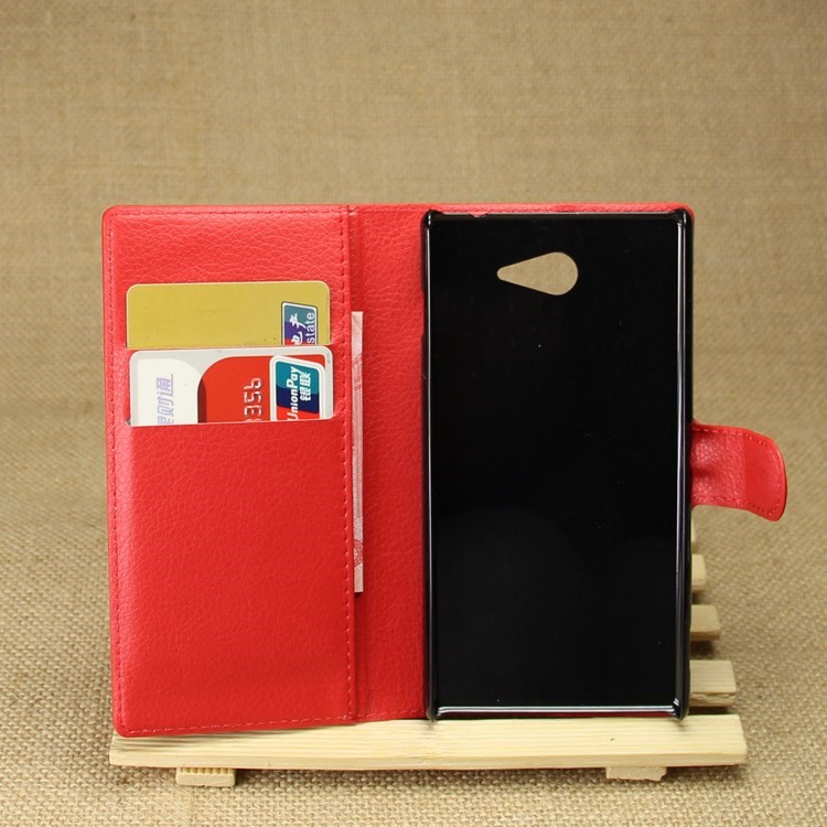 Leather Wallet Case for Sony Xperia M2 Aqua w/ Stand - Red-2