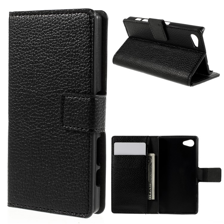 Litchi Funda de cuero con ranuras para Sony Xperia Z5 Compact - Negro-1