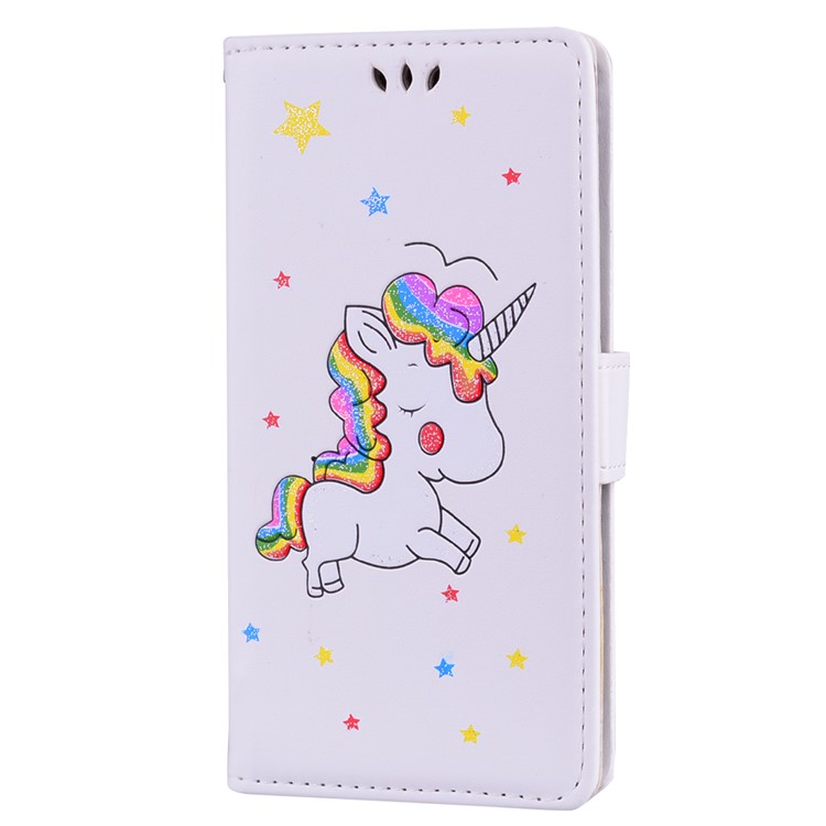 Cubierta Del Soporte De La Cartera De La Flor Del Cuero De La Impresión Del Unicornio Del Flash En Polvo Para Sony Xperia Xzs / XZ - Blanco-1