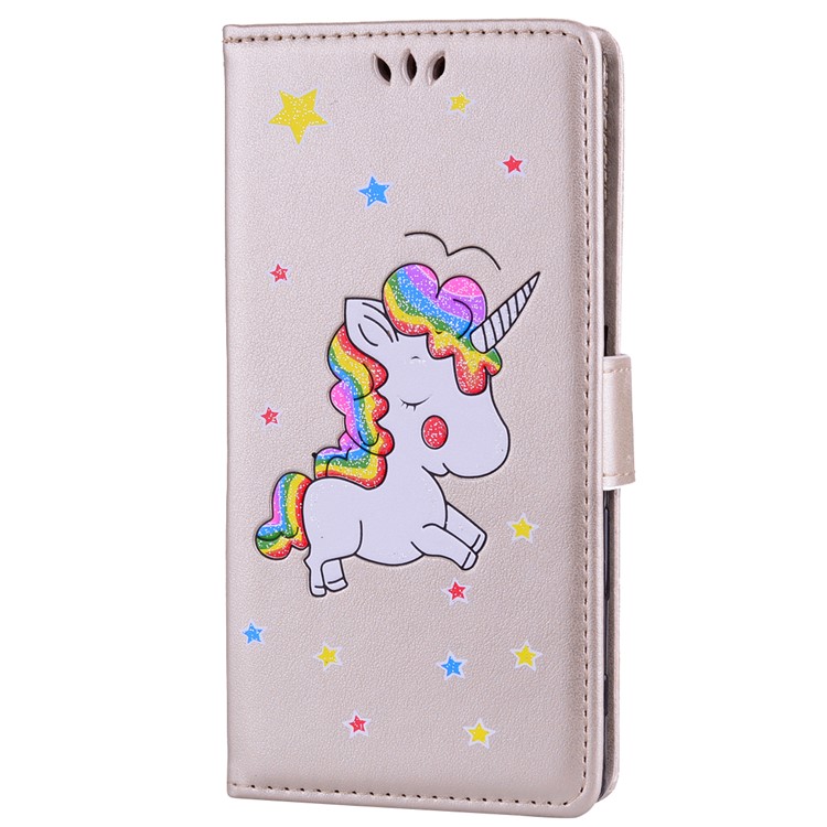 Flash Pulver Einhorn Impressum Blume Leder Brieftasche Stehen Handy Shell Für Sony Xperia Xzs / XZ - Gold-1