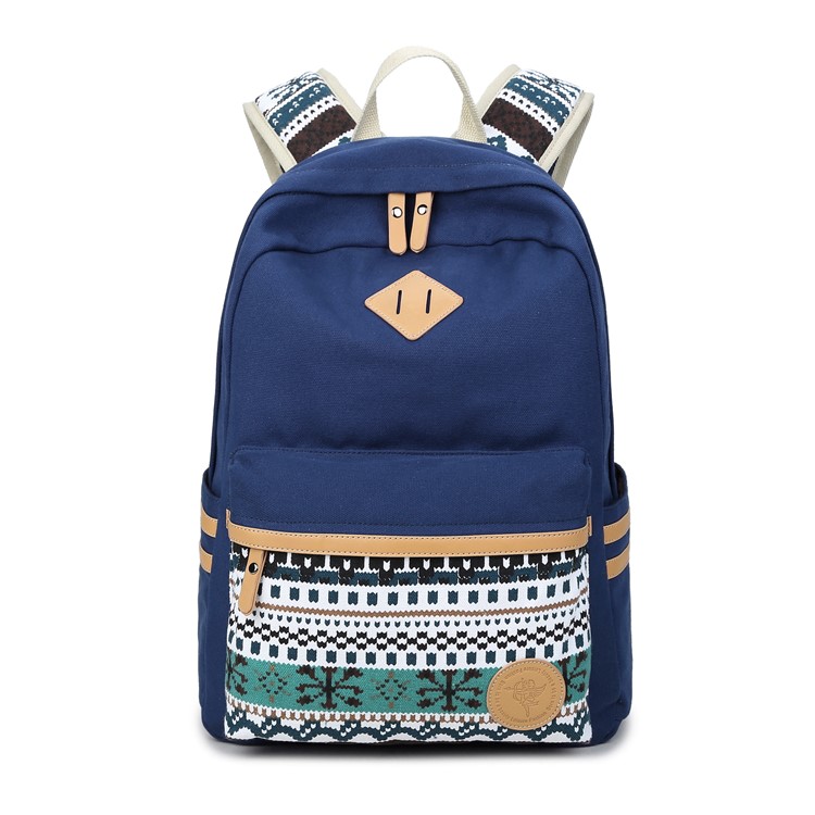 Korean Style Canvas Printing Backpack Students School Bag for Teenage Girls - Dark Blue-1