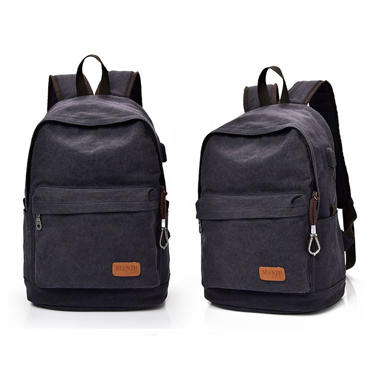 Herren Retro-Stil Leinwand Doppel-Umhängetasche Laptop-Rucksack Mit USB-Ladefunktion - Schwarz-1