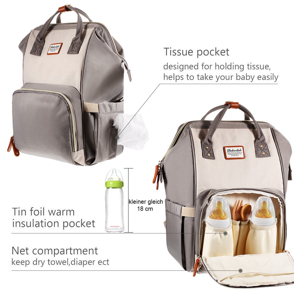 DOKOCLUB Fashion Leather Stitching Mommy Bag Waterproof Nylon Travel Bag Backpack with 3 Feeding-bottle Pockets-2