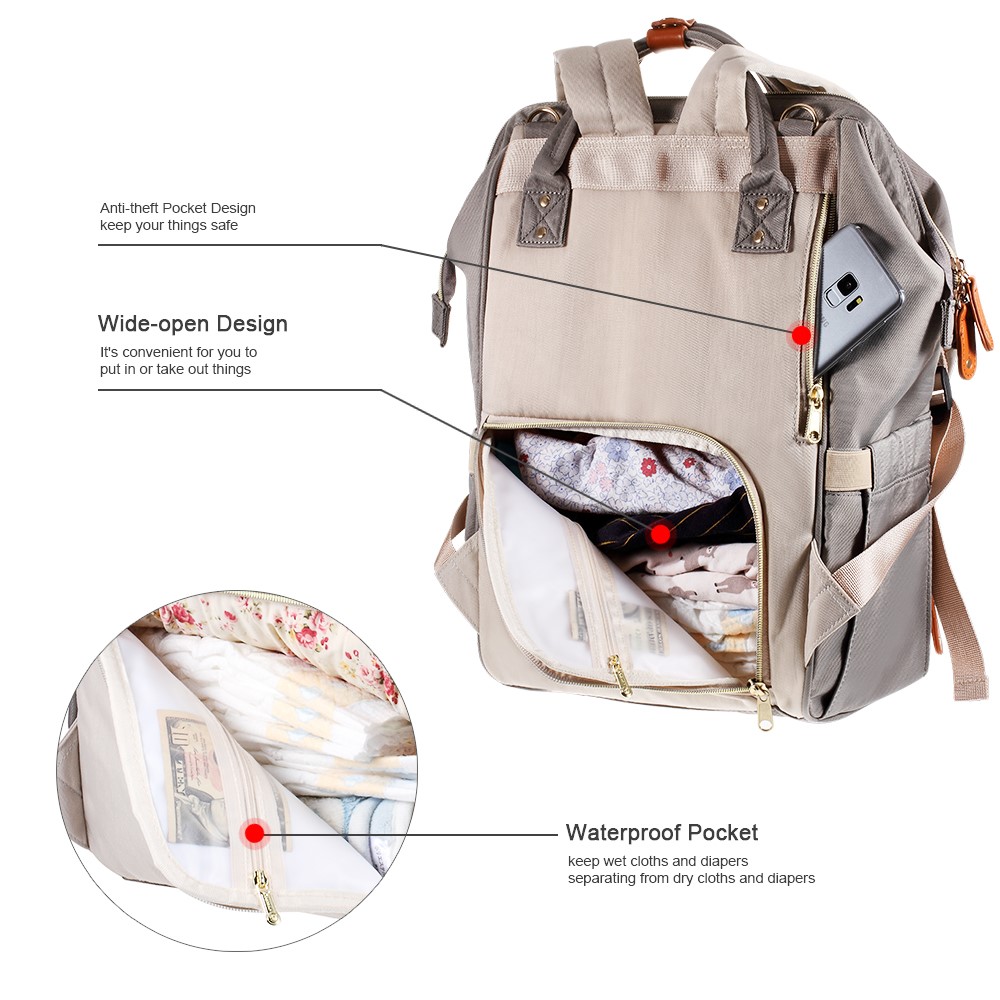 DOKOCLUB Fashion Leather Stitching Mommy Bag Waterproof Nylon Travel Bag Backpack with 3 Feeding-bottle Pockets-3