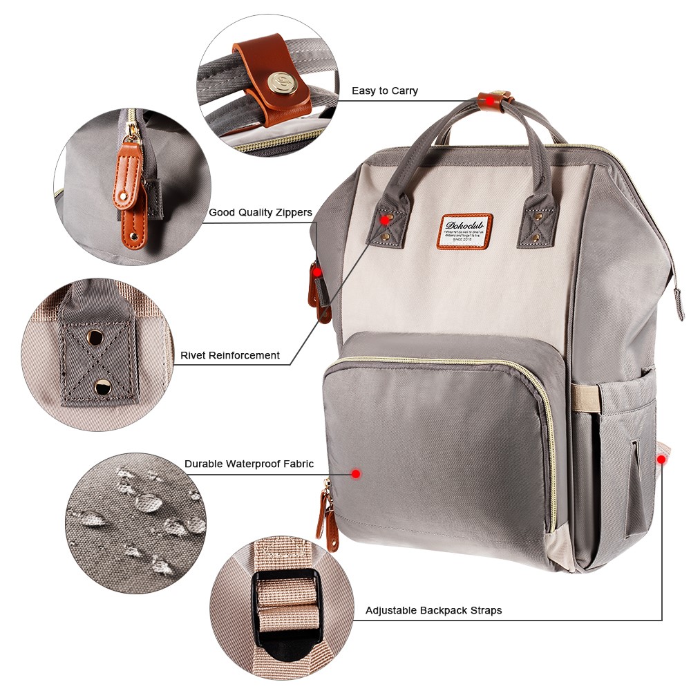 DOKOCLUB Fashion Leather Stitching Mommy Bag Waterproof Nylon Travel Bag Backpack with 3 Feeding-bottle Pockets-4