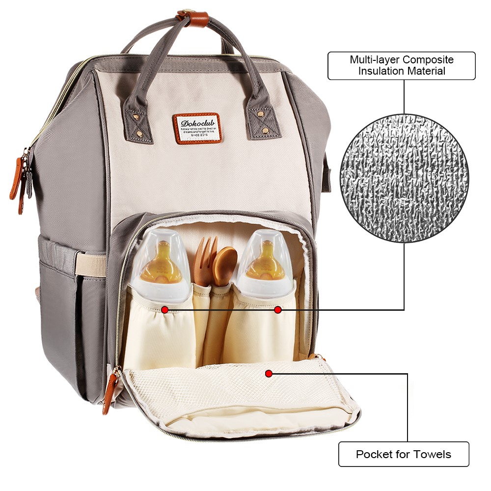 DOKOCLUB Fashion Leather Stitching Mommy Bag Waterproof Nylon Travel Bag Backpack with 3 Feeding-bottle Pockets-5