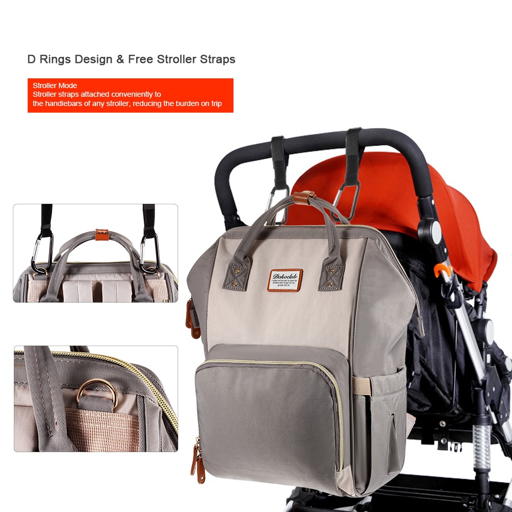 DOKOCLUB Fashion Leather Stitching Mommy Bag Waterproof Nylon Travel Bag Backpack with 3 Feeding-bottle Pockets-8